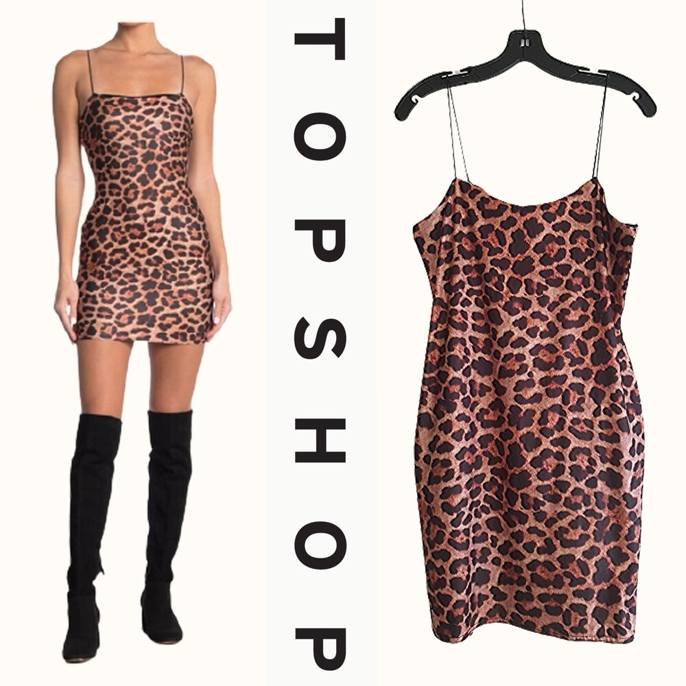 TOPSHOP NEW Glam Leopard Spaghetti Straps Bodycon Mini Dress 8